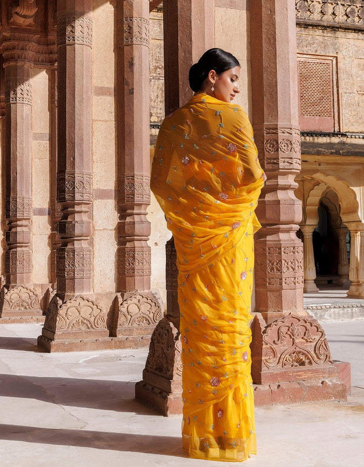 Golden Yellow Hand embroidered Sequins-Tube jaal Chiffon saree - Geroo Jaipur