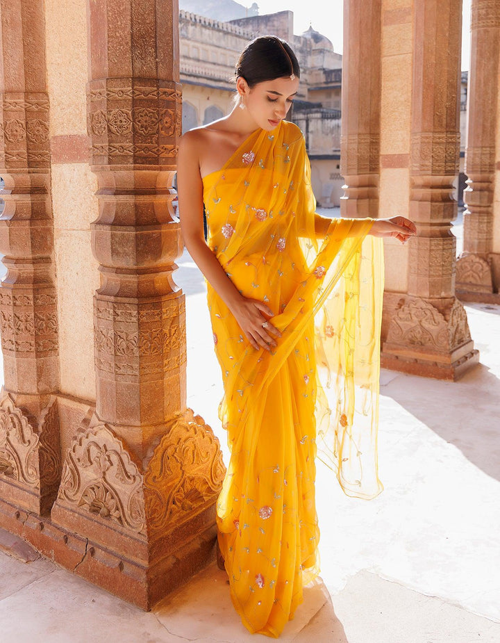 Golden Yellow Hand embroidered Sequins-Tube jaal Chiffon saree - Geroo Jaipur