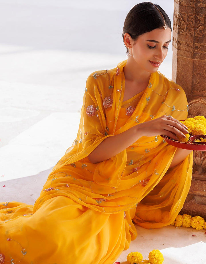 Golden Yellow Hand embroidered Sequins-Tube jaal Chiffon saree - Geroo Jaipur