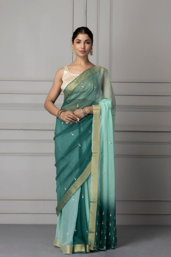 Green & Blue Shaded Gota Patti Chiffon Saree - Geroo Jaipur