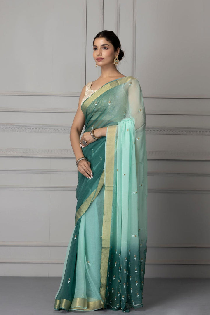 Green & Blue Shaded Gota Patti Chiffon Saree - Geroo Jaipur