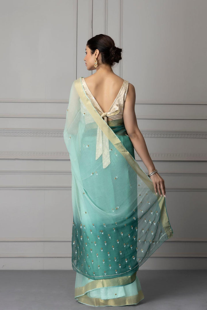 Green & Blue Shaded Gota Patti Chiffon Saree - Geroo Jaipur