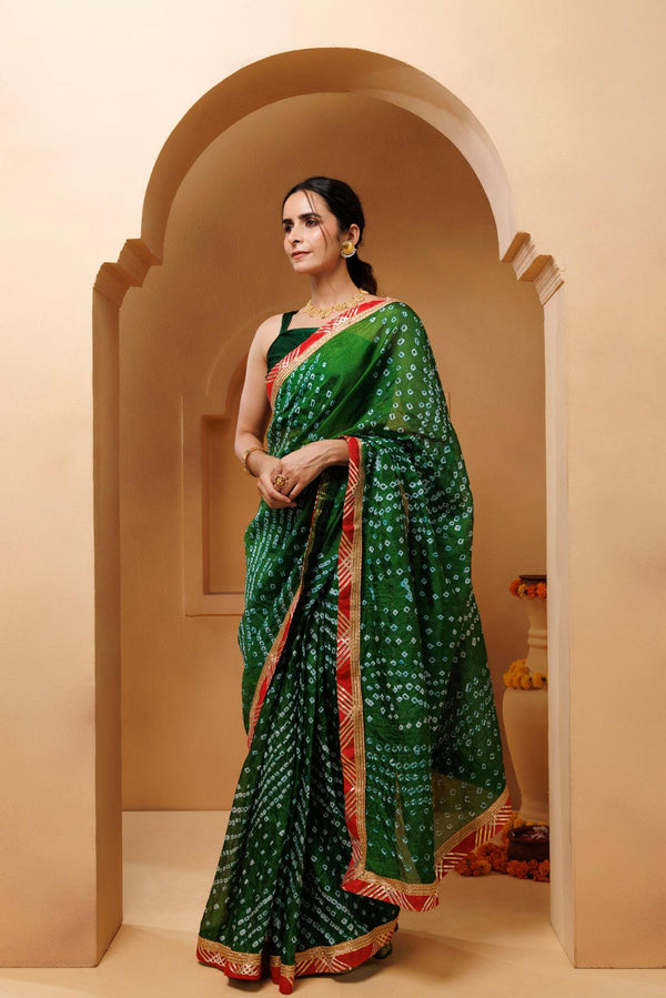 Green Bandhani Pre-Drapped Silk Saree - Geroo Jaipur