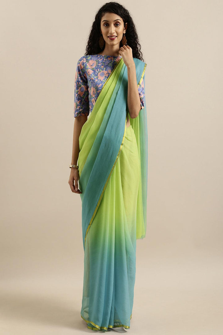 Green-Blue Shaded Hand-Dyed Chiffon Saree With Hand Block Printed Blouse - Geroo Jaipur