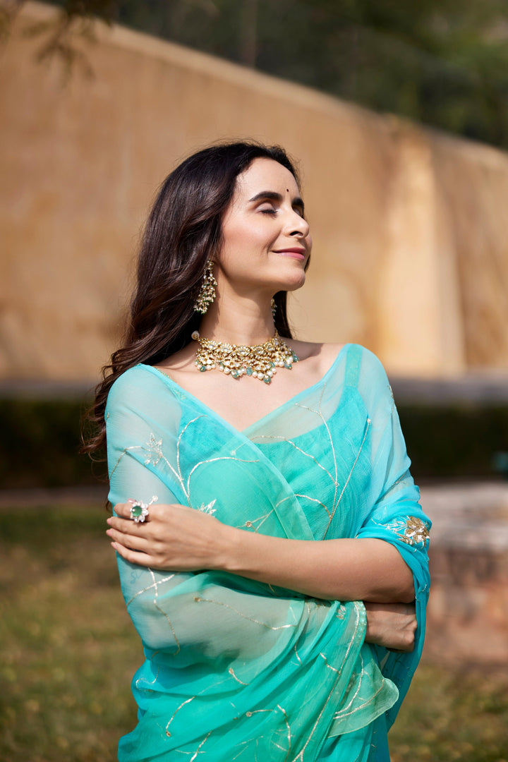 Green-Blue Shaded Hand Embroidered Jaal Chiffon Saree - Geroo Jaipur