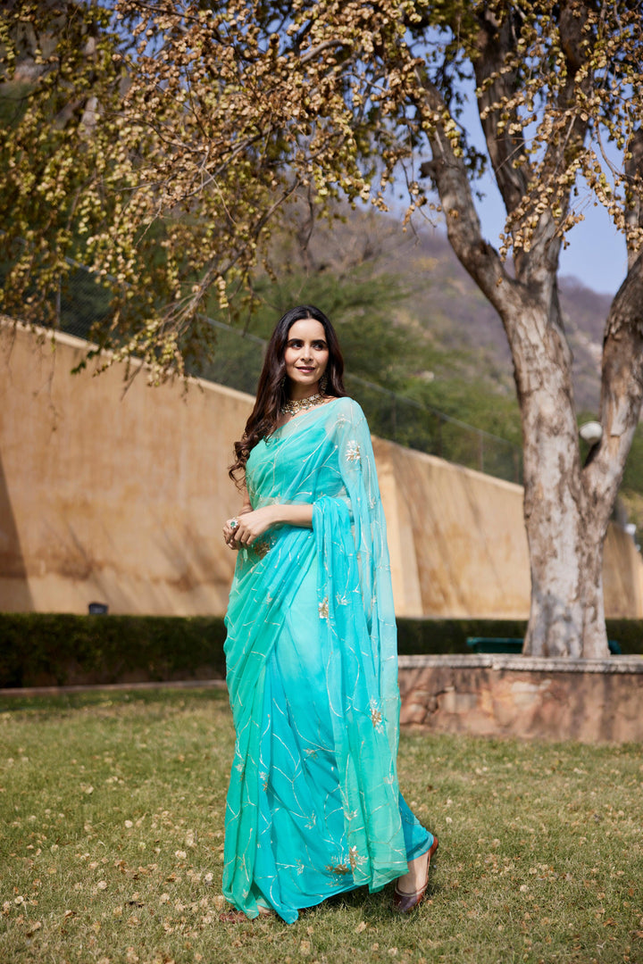 Green-Blue Shaded Hand Embroidered Jaal Chiffon Saree - Geroo Jaipur