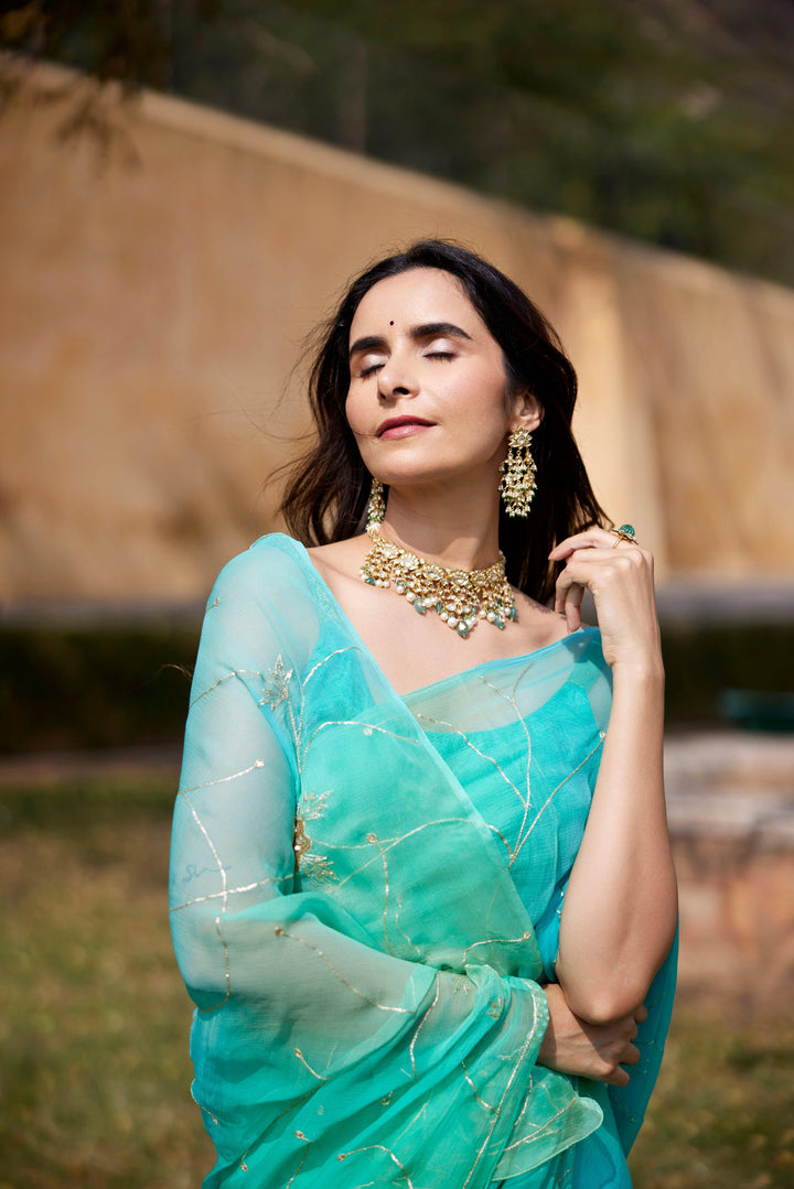 Green-Blue Shaded Hand Embroidered Jaal Chiffon Saree - Geroo Jaipur