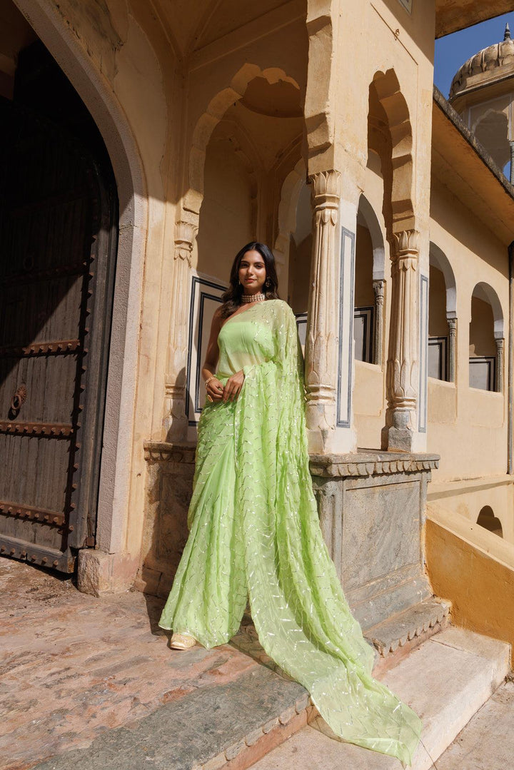 Green Chiffon Hand Embroidered Gota Saree - Geroo Jaipur