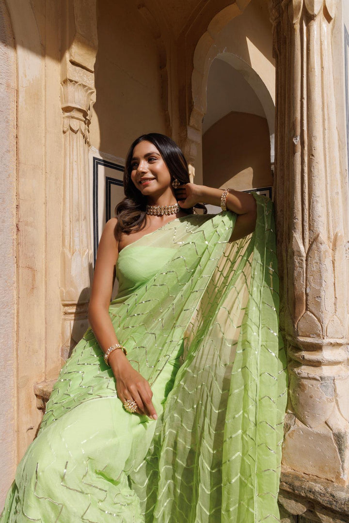 Green Chiffon Hand Embroidered Gota Saree - Geroo Jaipur