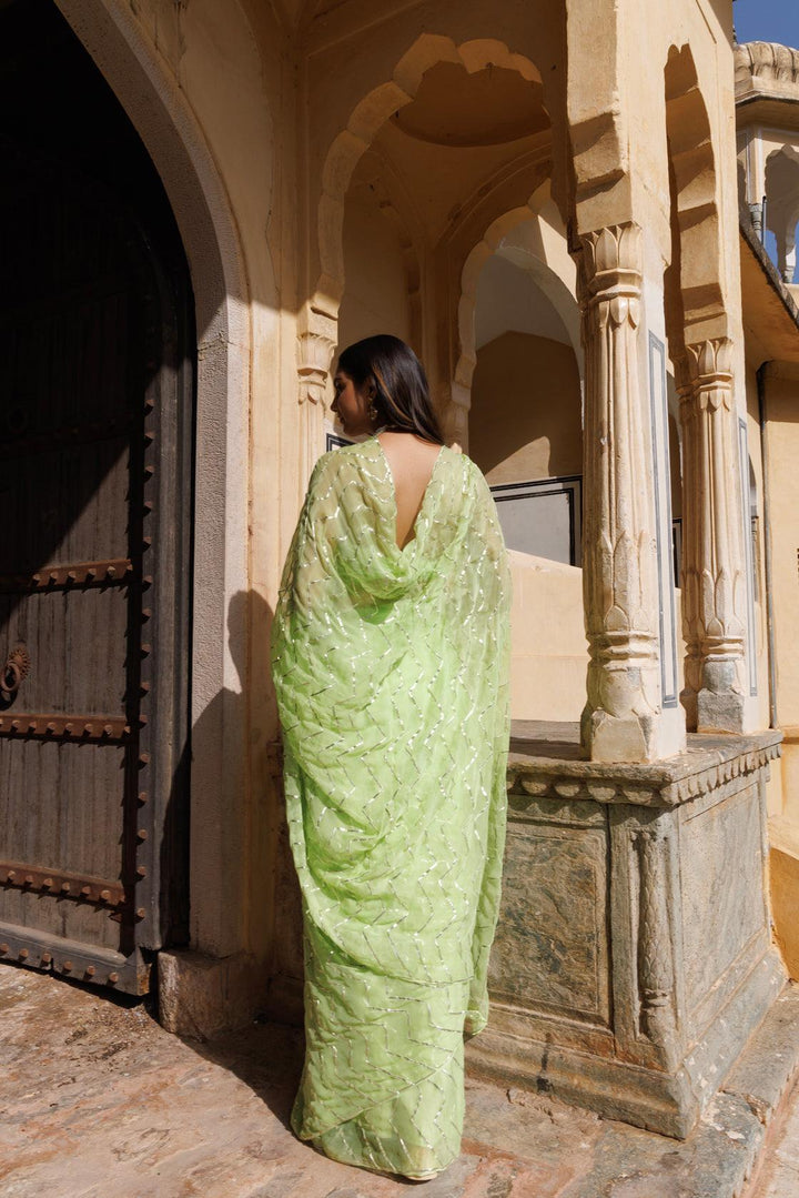 Green Chiffon Hand Embroidered Gota Saree - Geroo Jaipur