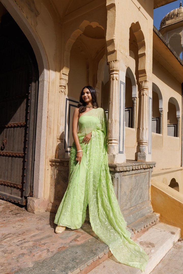 Green Chiffon Hand Embroidered Gota Saree - Geroo Jaipur