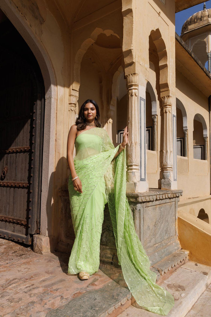 Green Chiffon Hand Embroidered Gota Saree - Geroo Jaipur