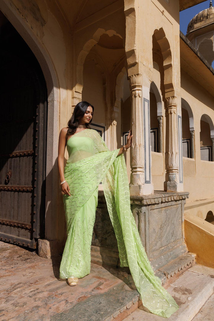 Green Chiffon Hand Embroidered Gota Saree - Geroo Jaipur