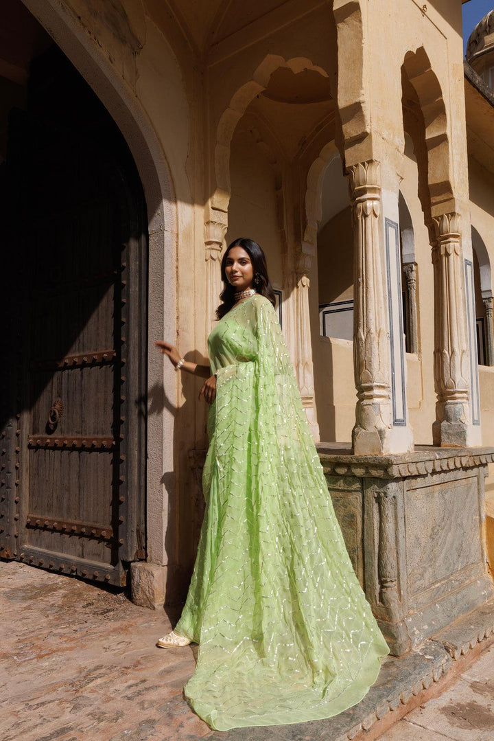 Green Chiffon Hand Embroidered Gota Saree - Geroo Jaipur