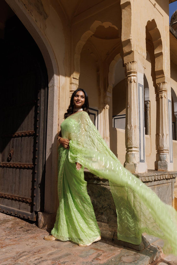 Green Chiffon Hand Embroidered Gota Saree - Geroo Jaipur