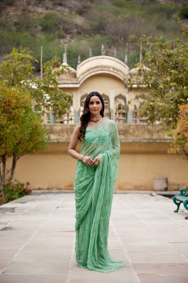 Green Chiffon Handcrafted Sequins Jaal Saree - Geroo Jaipur