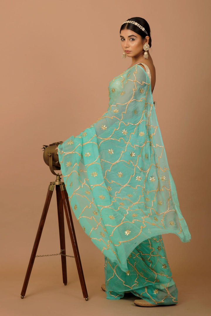 Green Hand Embellished Gota Jaal Chiffon Saree - Geroo Jaipur