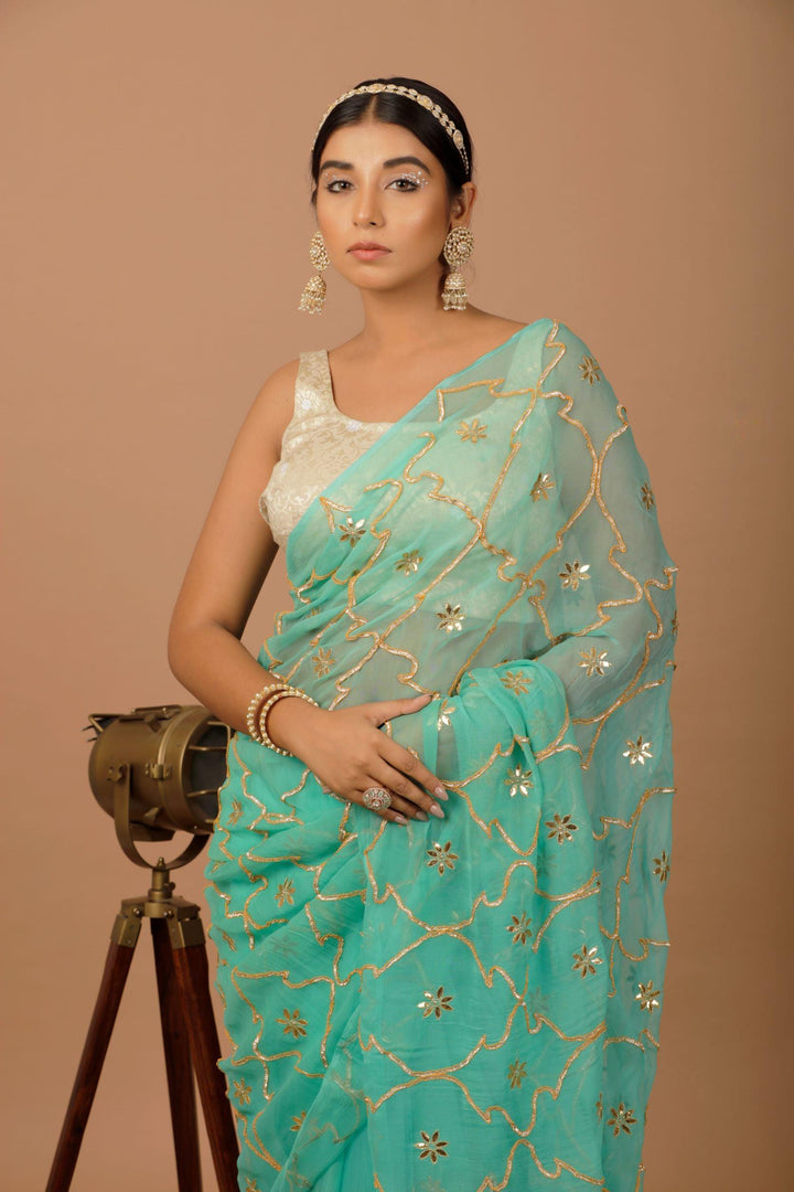 Green Hand Embellished Gota Jaal Chiffon Saree - Geroo Jaipur