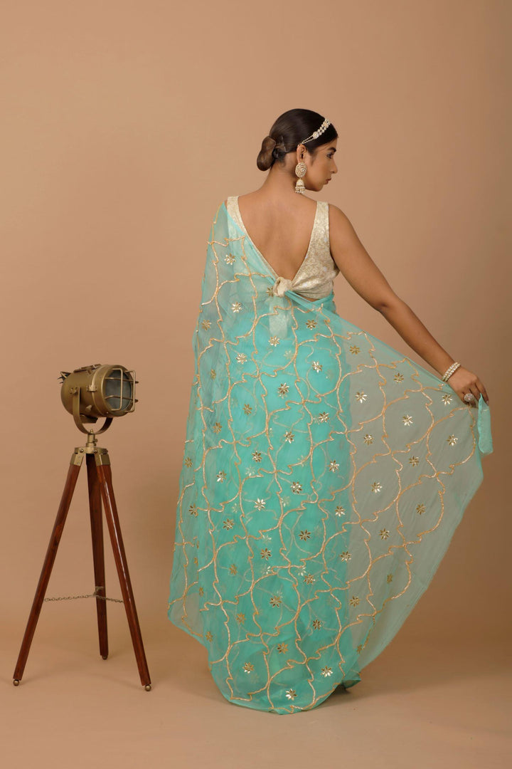 Green Hand Embellished Gota Jaal Chiffon Saree - Geroo Jaipur