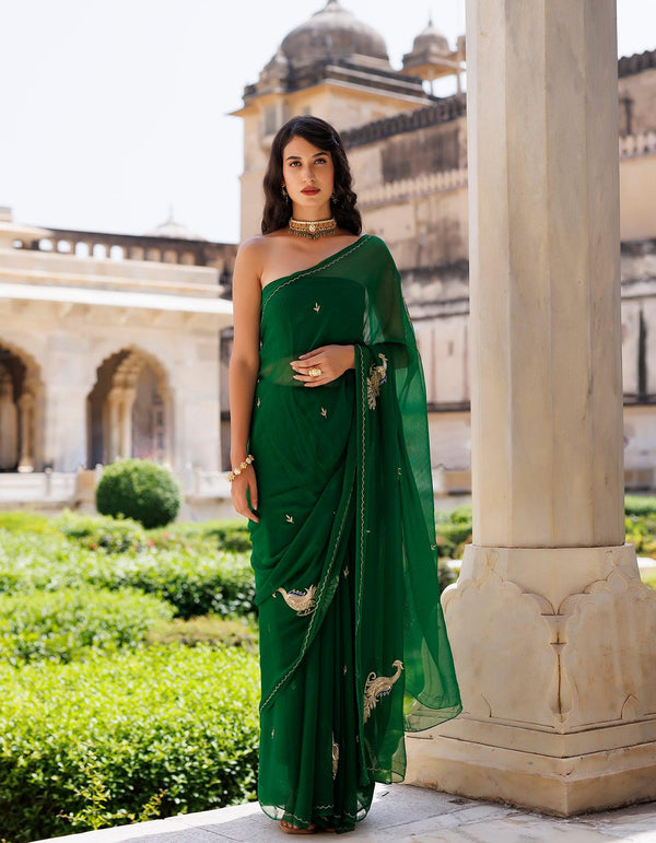 Green Hand embroidered Aari-tube Chiffon saree - Geroo Jaipur