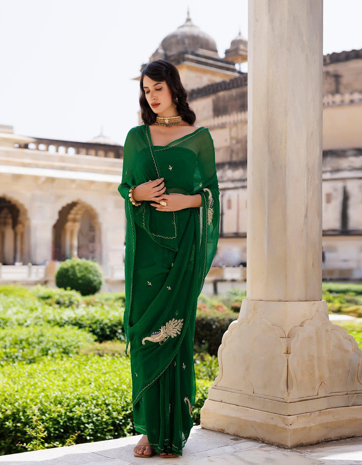 Green Hand embroidered Aari-tube Chiffon saree - Geroo Jaipur