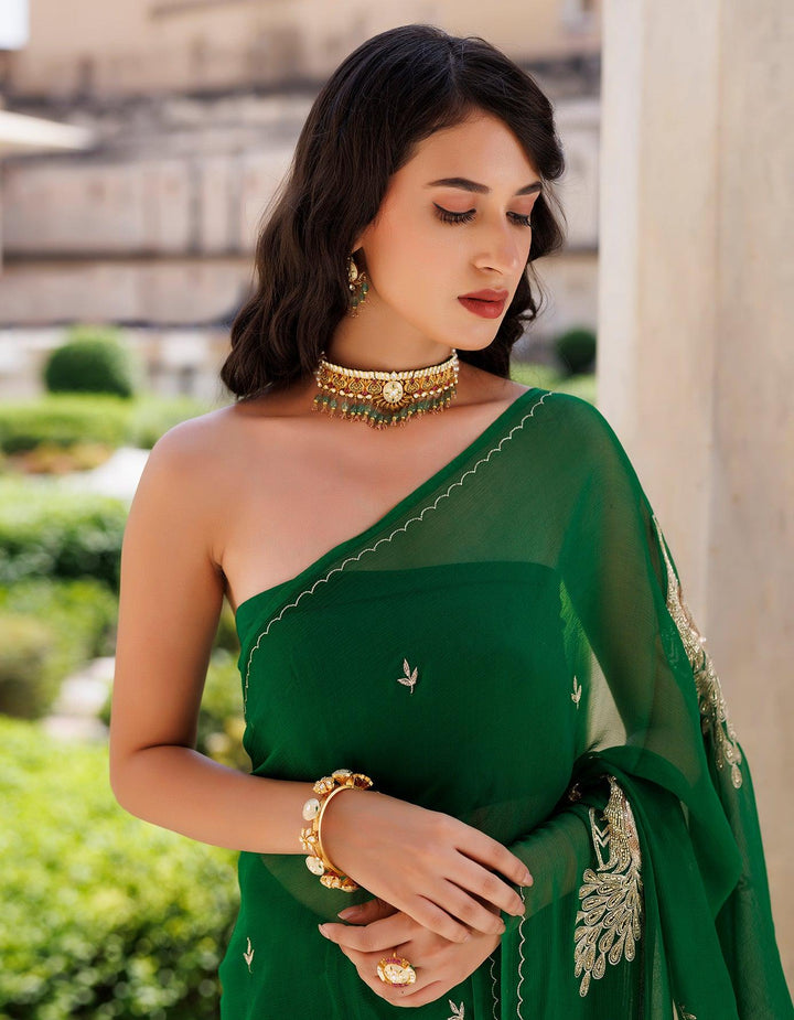 Green Hand embroidered Aari-tube Chiffon saree - Geroo Jaipur