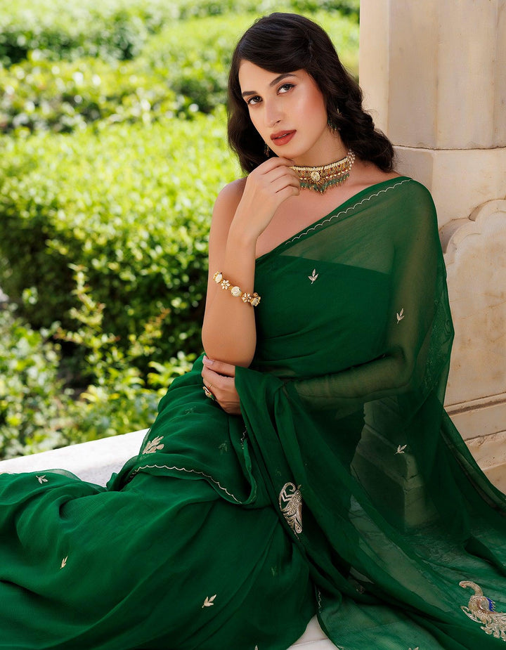 Green Hand embroidered Aari-tube Chiffon saree - Geroo Jaipur