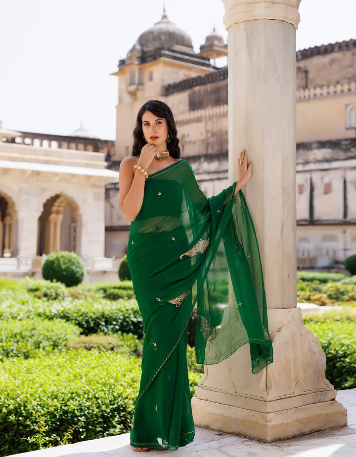 Green Hand embroidered Aari-tube Chiffon saree - Geroo Jaipur