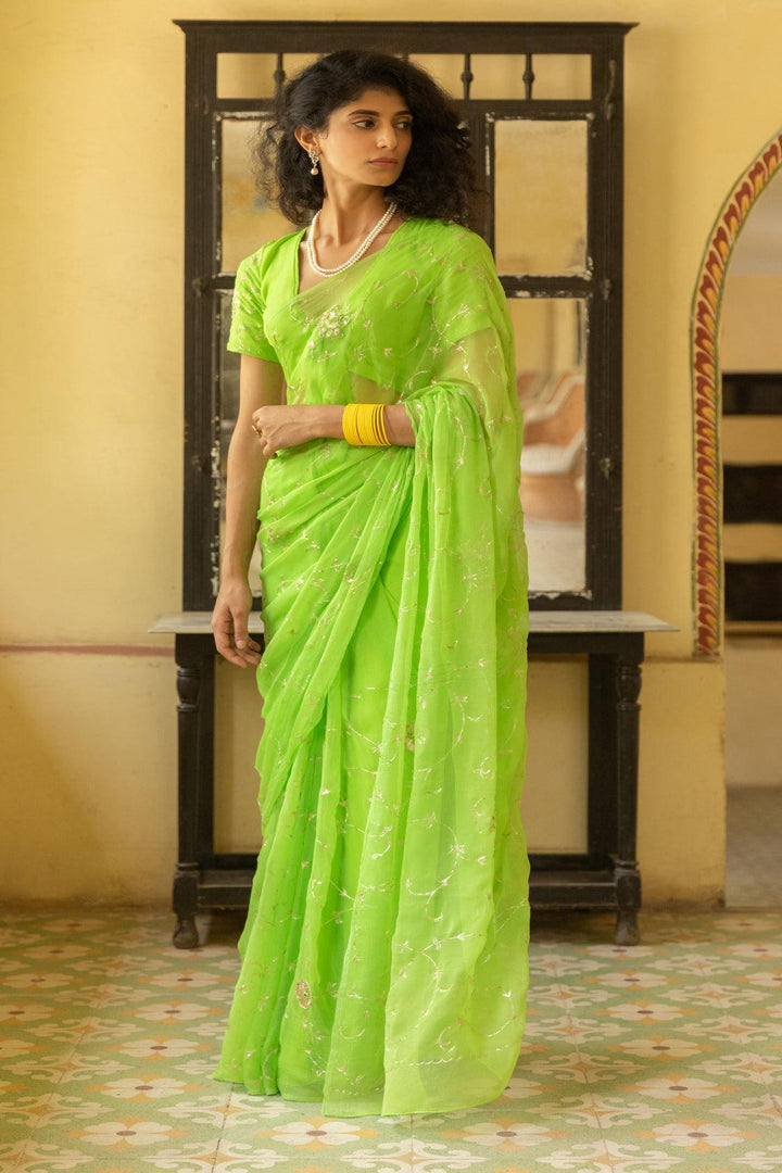 Green Hand Embroidered Aari Work Chiffon Saree - Geroo Jaipur