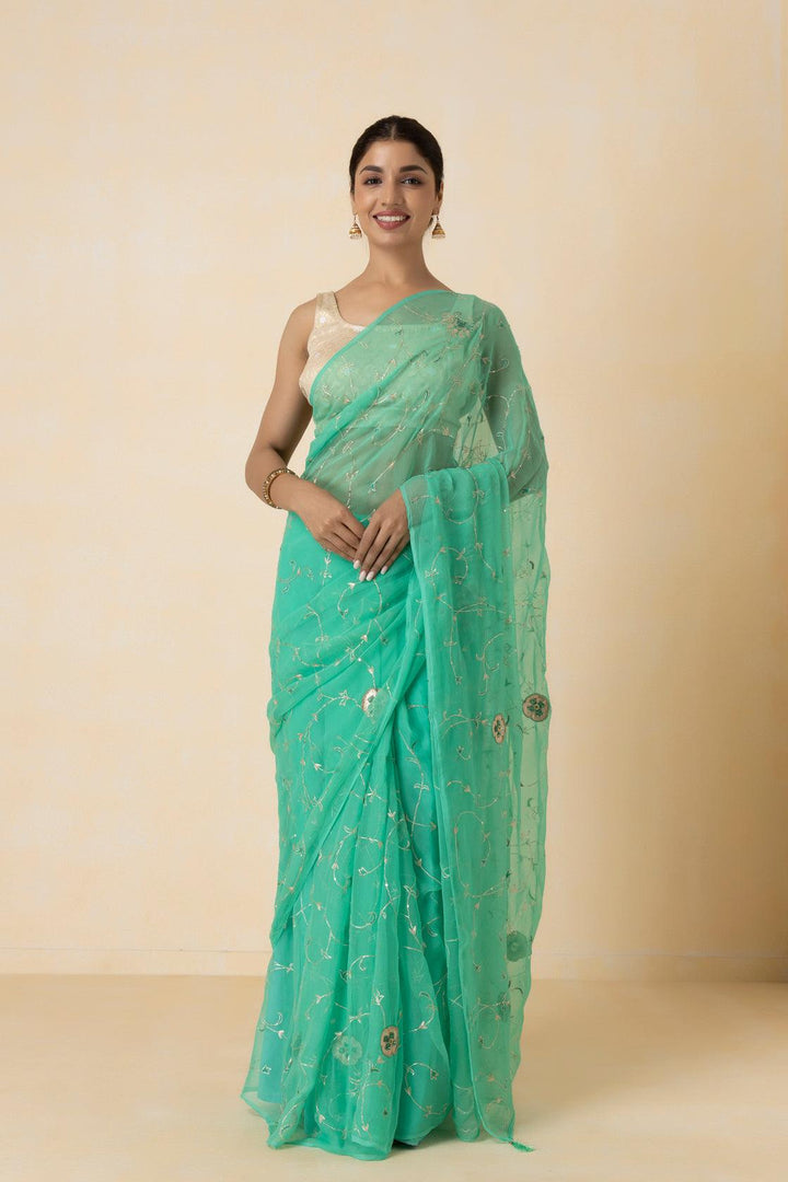 Green Hand Embroidered Aari Work Chiffon Saree - Geroo Jaipur