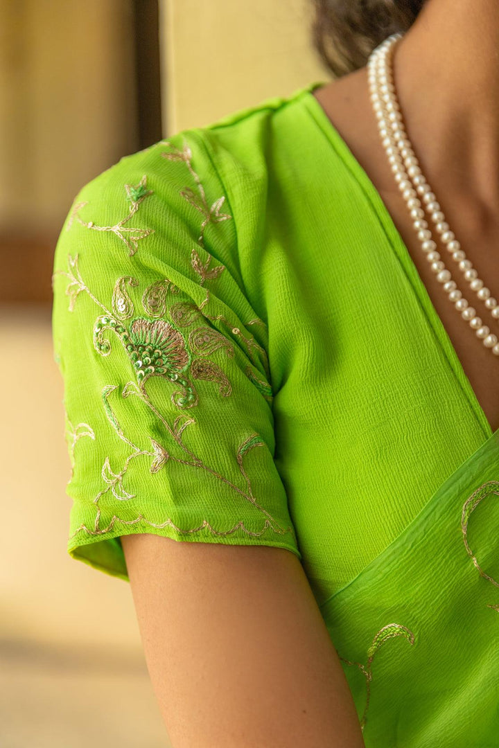 Green Hand Embroidered Aari Work Chiffon Saree - Geroo Jaipur