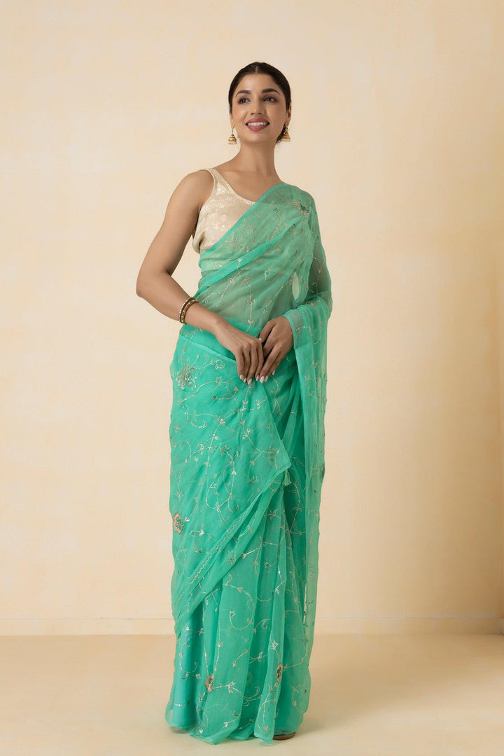 Green Hand Embroidered Aari Work Chiffon Saree - Geroo Jaipur