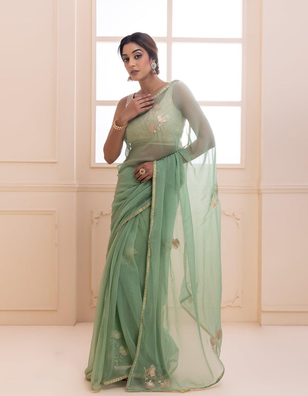 Green Hand embroidered aari work chiffon saree - Geroo Jaipur