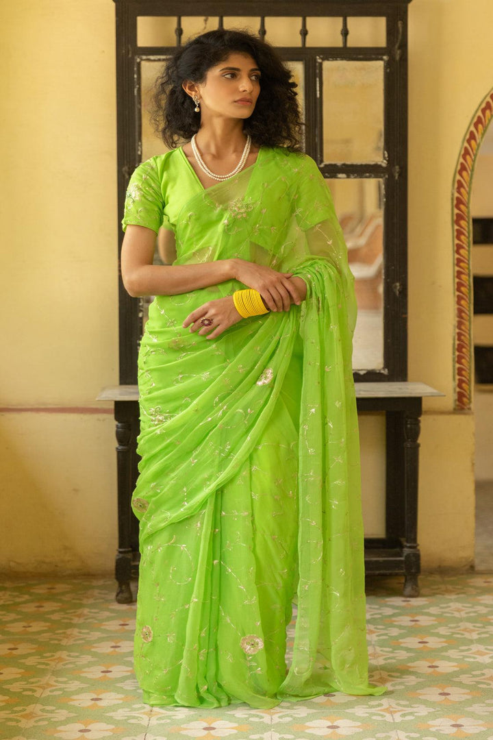 Green Hand Embroidered Aari Work Chiffon Saree - Geroo Jaipur