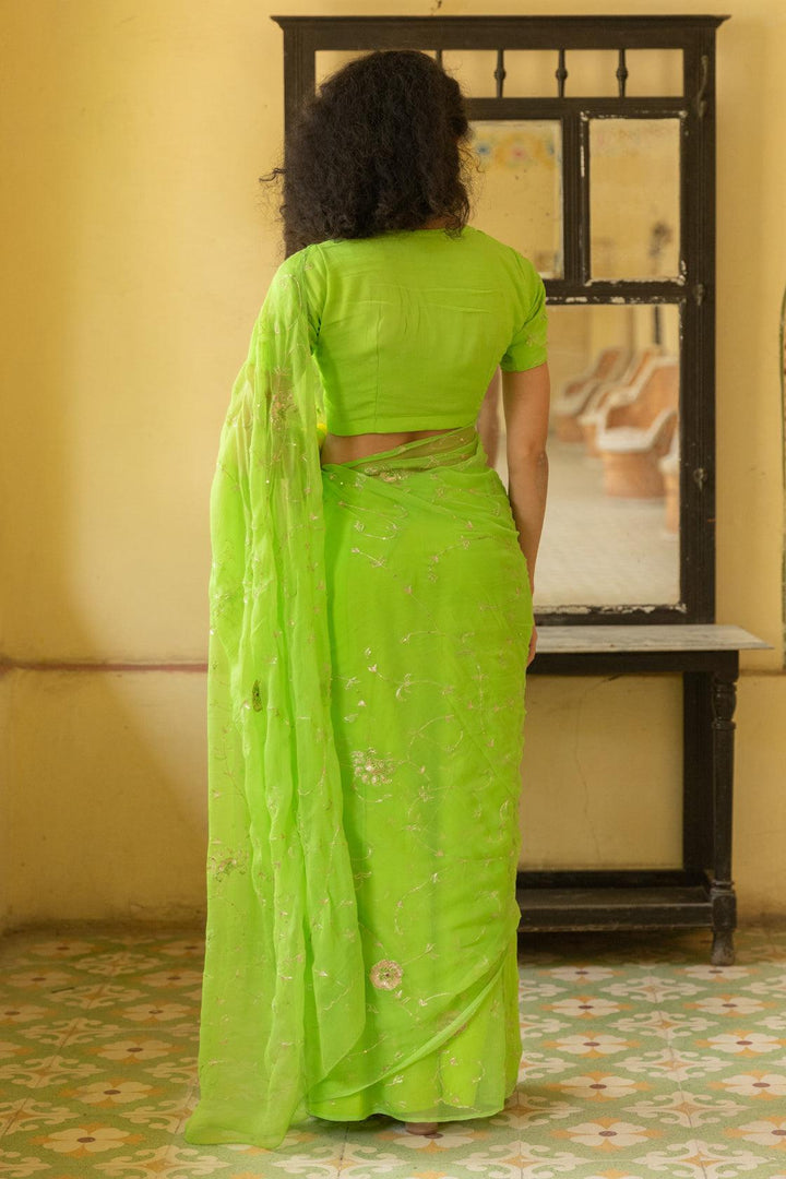 Green Hand Embroidered Aari Work Chiffon Saree - Geroo Jaipur