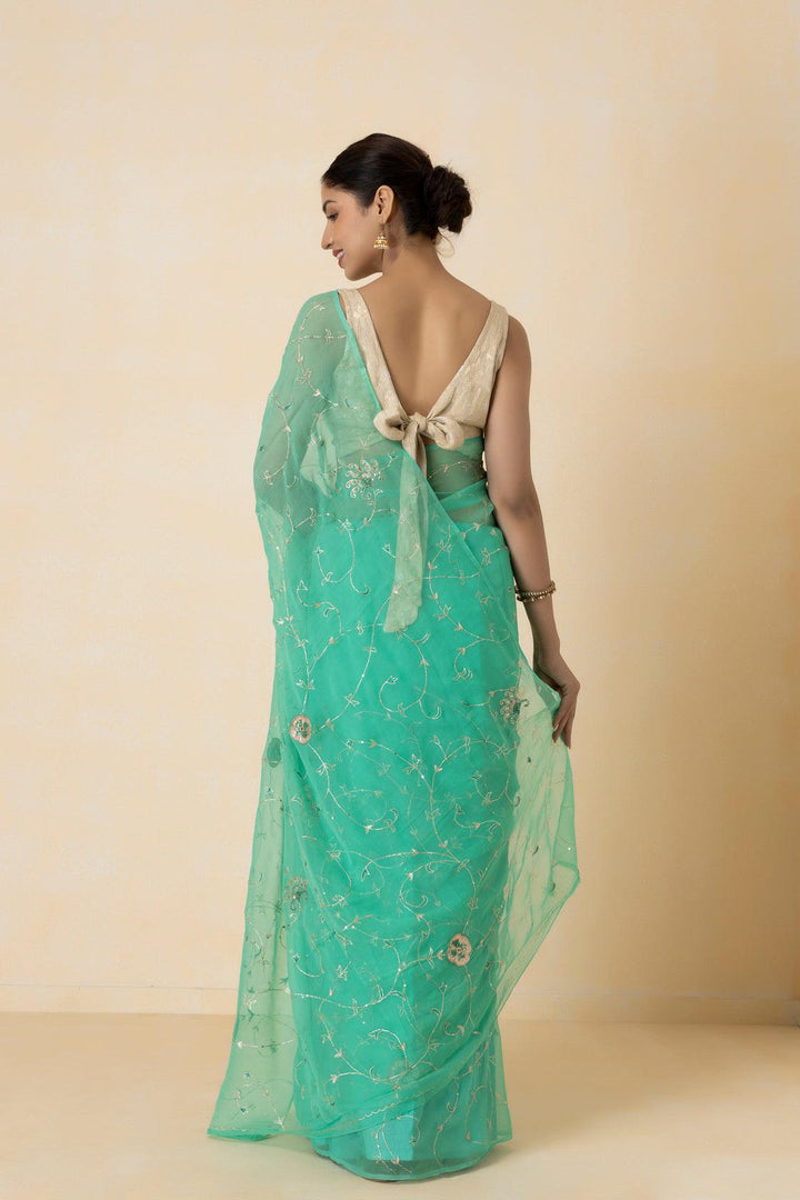 Green Hand Embroidered Aari Work Chiffon Saree - Geroo Jaipur