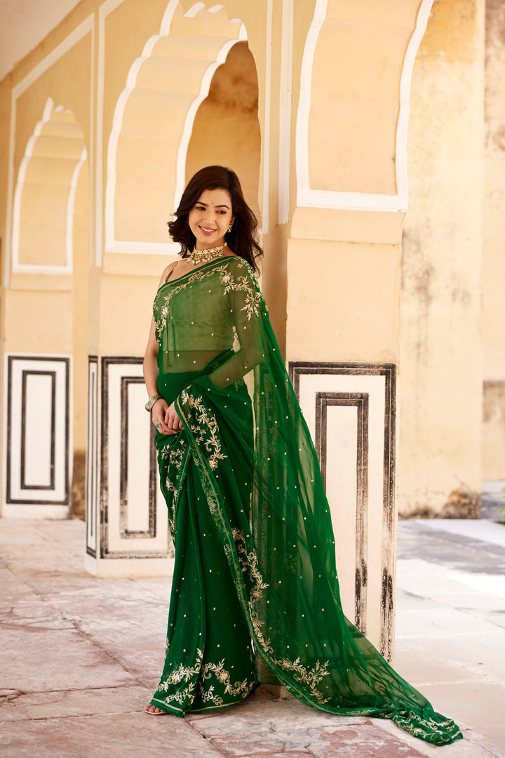 Green Hand Embroidered Aari-Zardozi Chiffon Saree - Geroo Jaipur