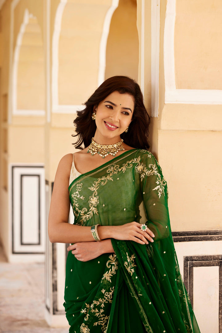 Green Hand Embroidered Aari-Zardozi Chiffon Saree - Geroo Jaipur