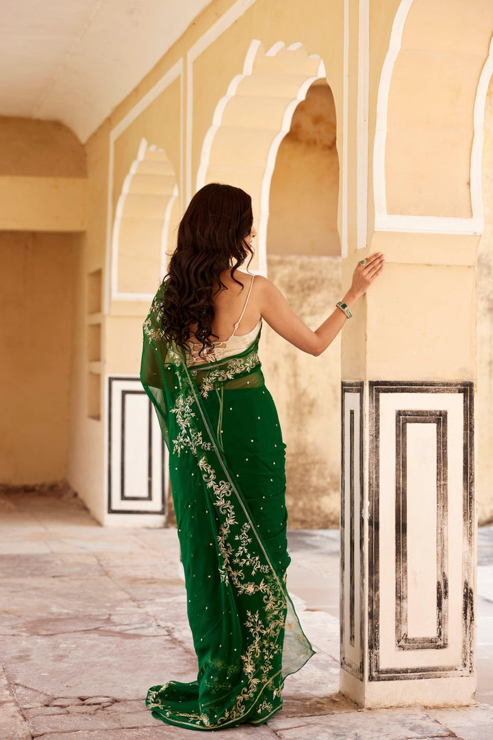 Green Hand Embroidered Aari-Zardozi Chiffon Saree - Geroo Jaipur