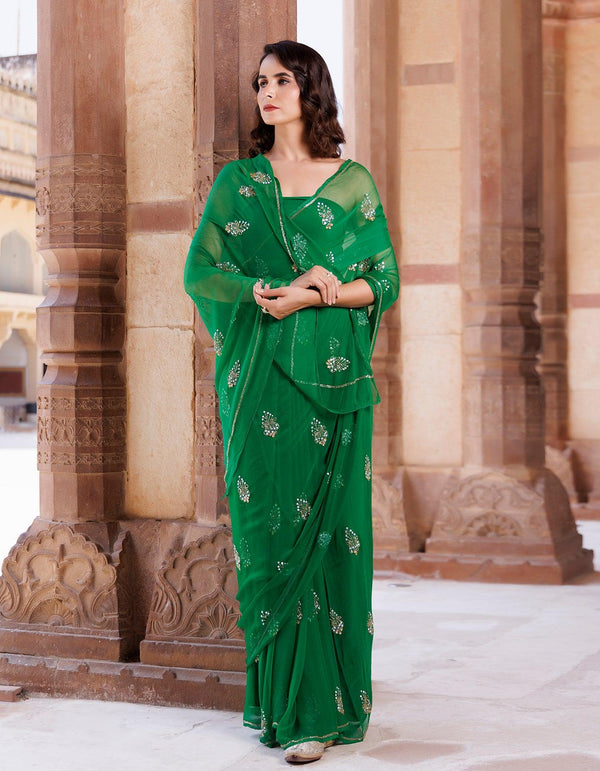 Green Hand embroidered chiffon saree - Geroo Jaipur