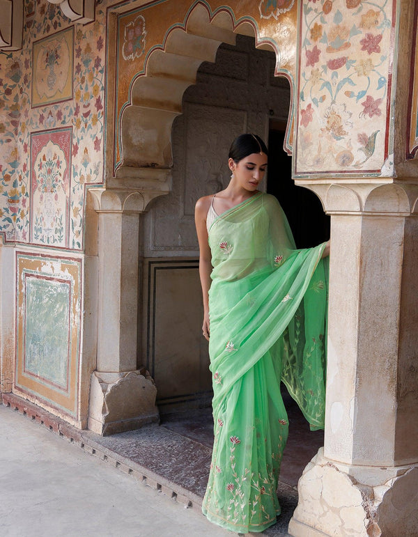 Green Hand embroidered Gota Patti Chiffon Saree - Geroo Jaipur