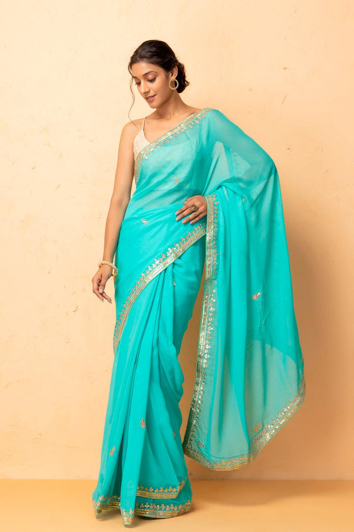 Green Hand Embroidered Gota Patti Georgette Saree - Geroo Jaipur