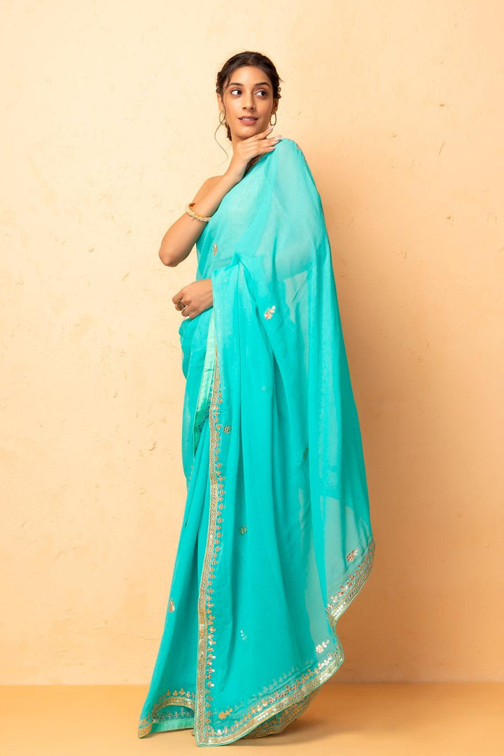 Green Hand Embroidered Gota Patti Georgette Saree - Geroo Jaipur