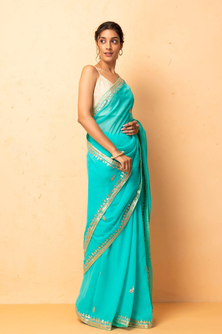 Green Hand Embroidered Gota Patti Georgette Saree - Geroo Jaipur