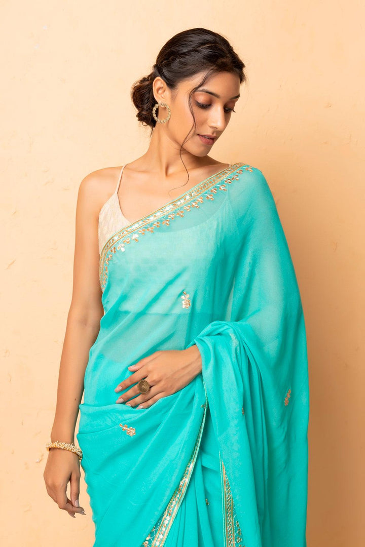 Green Hand Embroidered Gota Patti Georgette Saree - Geroo Jaipur