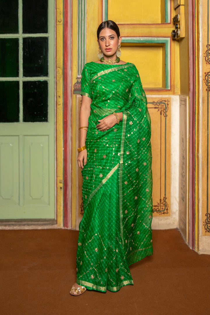 Green Hand Embroidered Gota Patti Pure Kota Silk Mothra Saree - Geroo Jaipur