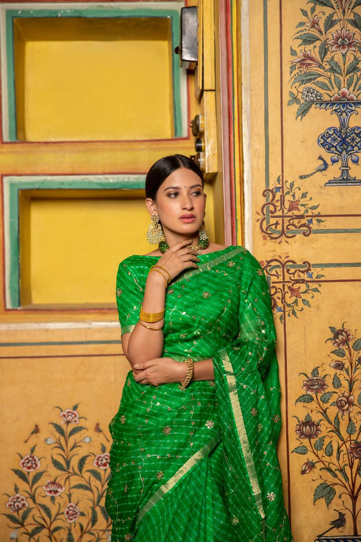 Green Hand Embroidered Gota Patti Pure Kota Silk Mothra Saree - Geroo Jaipur