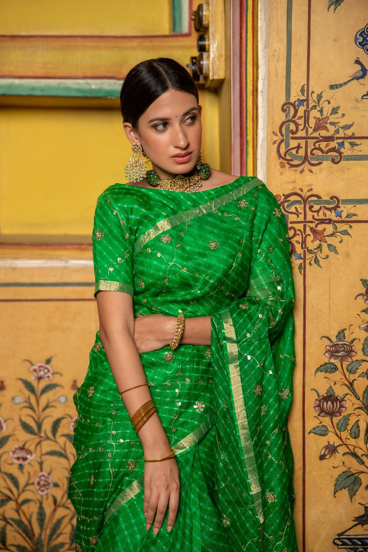 Green Hand Embroidered Gota Patti Pure Kota Silk Mothra Saree - Geroo Jaipur