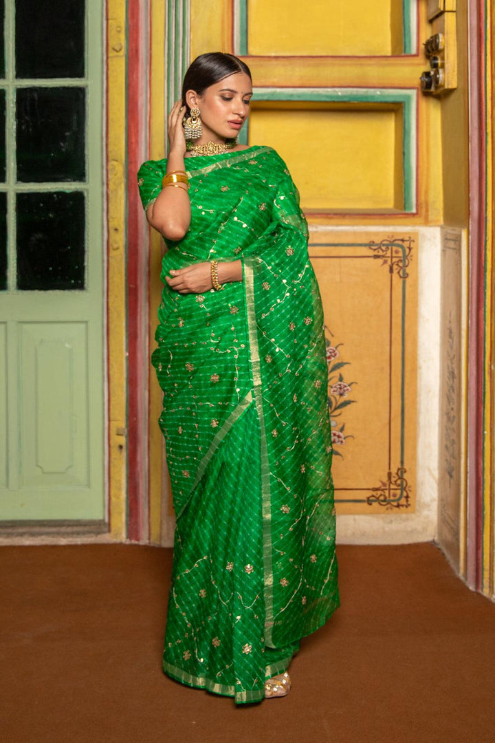 Green Hand Embroidered Gota Patti Pure Kota Silk Mothra Saree - Geroo Jaipur