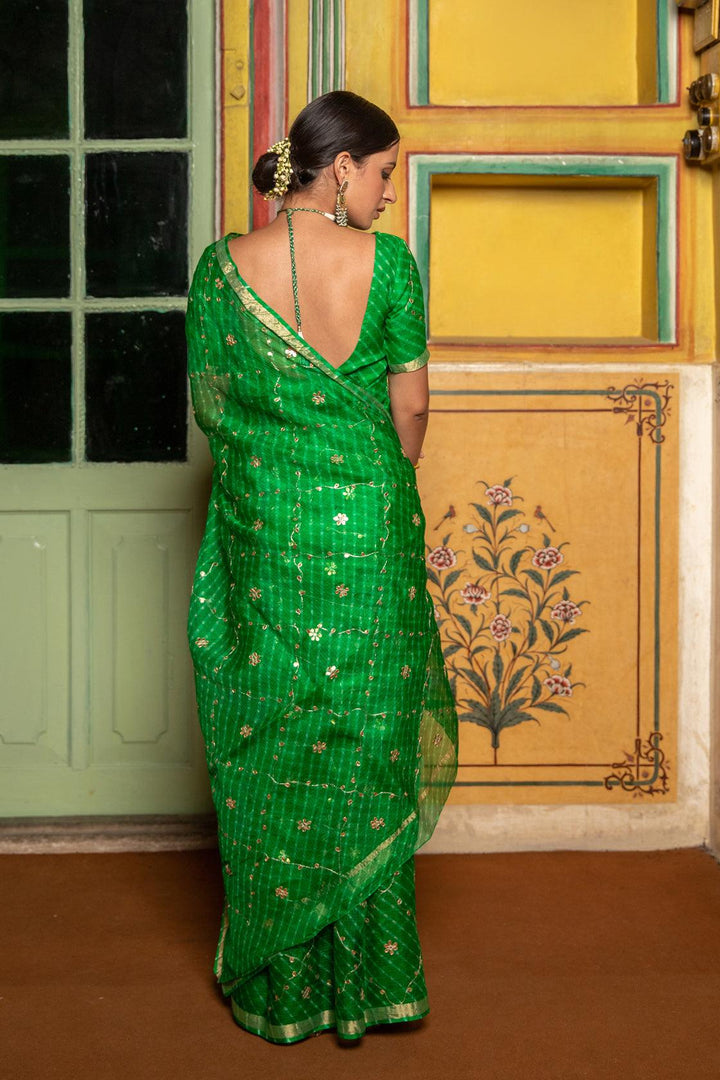 Green Hand Embroidered Gota Patti Pure Kota Silk Mothra Saree - Geroo Jaipur